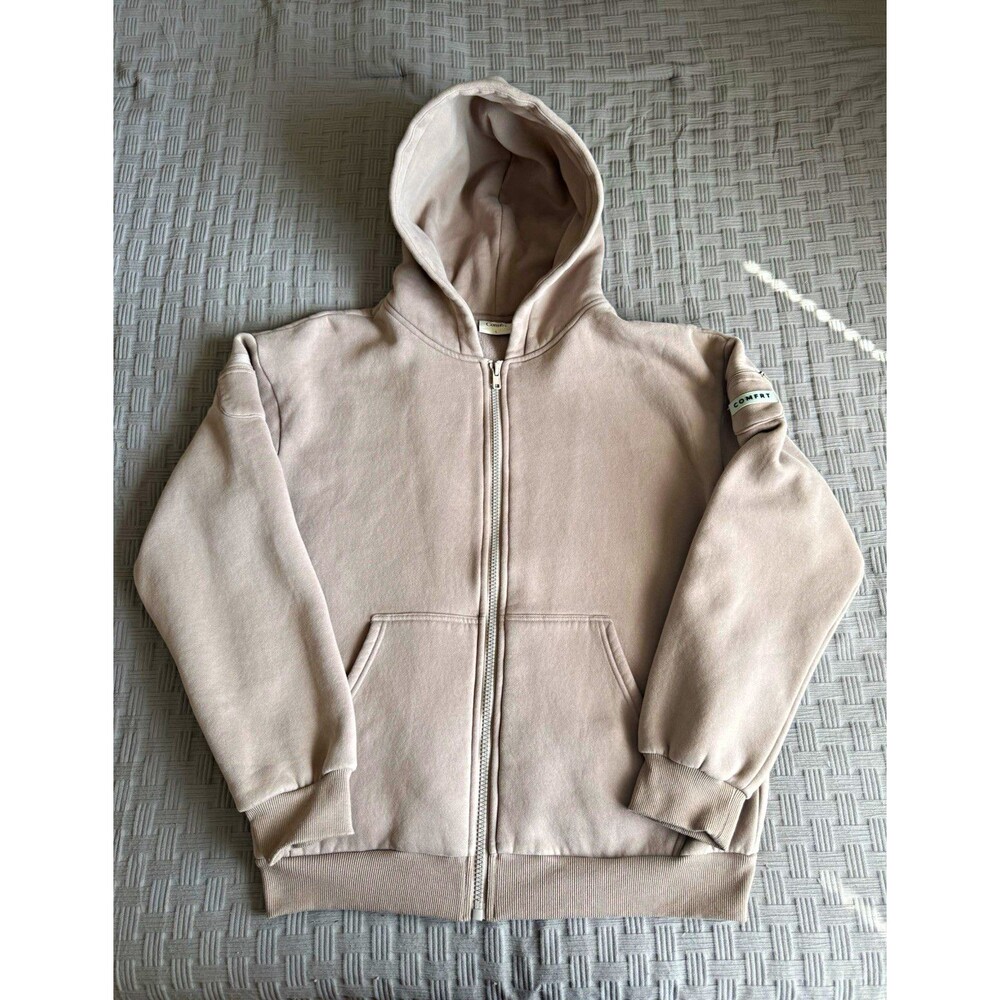 Comfrt Explorer Travel Zip Up Hoodie Weighted Sweatshirt Beige Unisex Size L